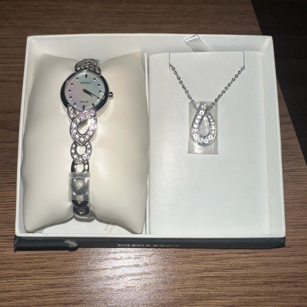 Seiko Elegant Silver Watch and Necklace Set